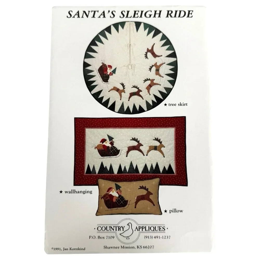 Santa's Sleigh Ride Christmas Tree Skirt Pattern Country Applique Quilt‎ Pillow